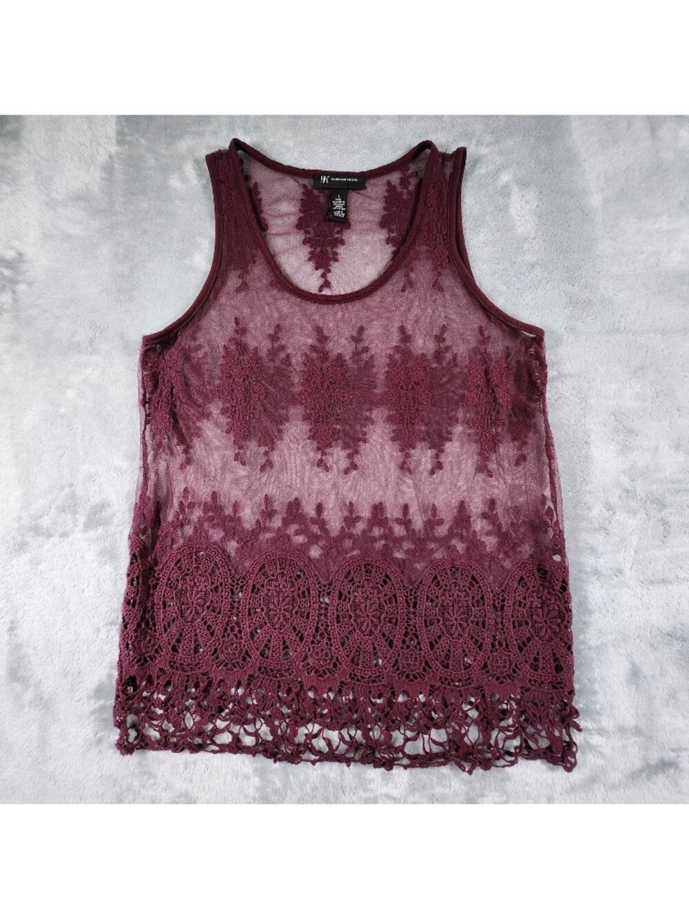INC Mesh Lace Crochet Tank Top Large Burgundy Sheer Goth Festival Rocker Edgy